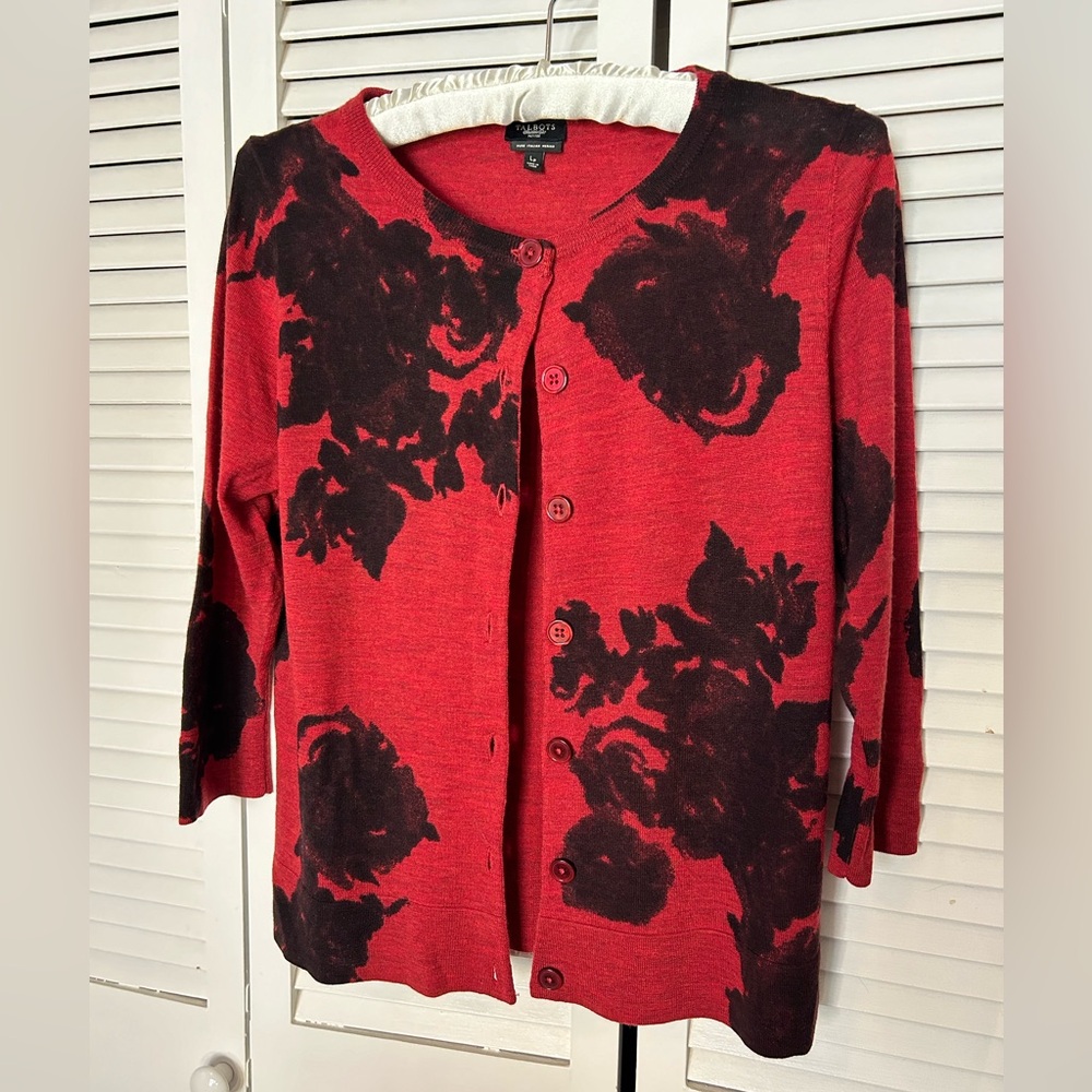 Talbots merino wool cardigan in red/black floral